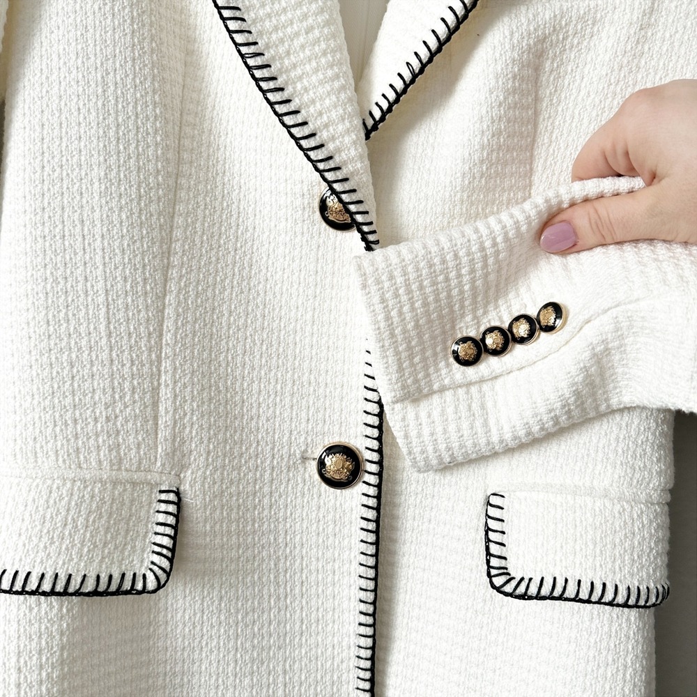 Zara White Textured Tweed Blazer Black Contrast Stitching Gold Buttons Size XS - Picture 7 of 13